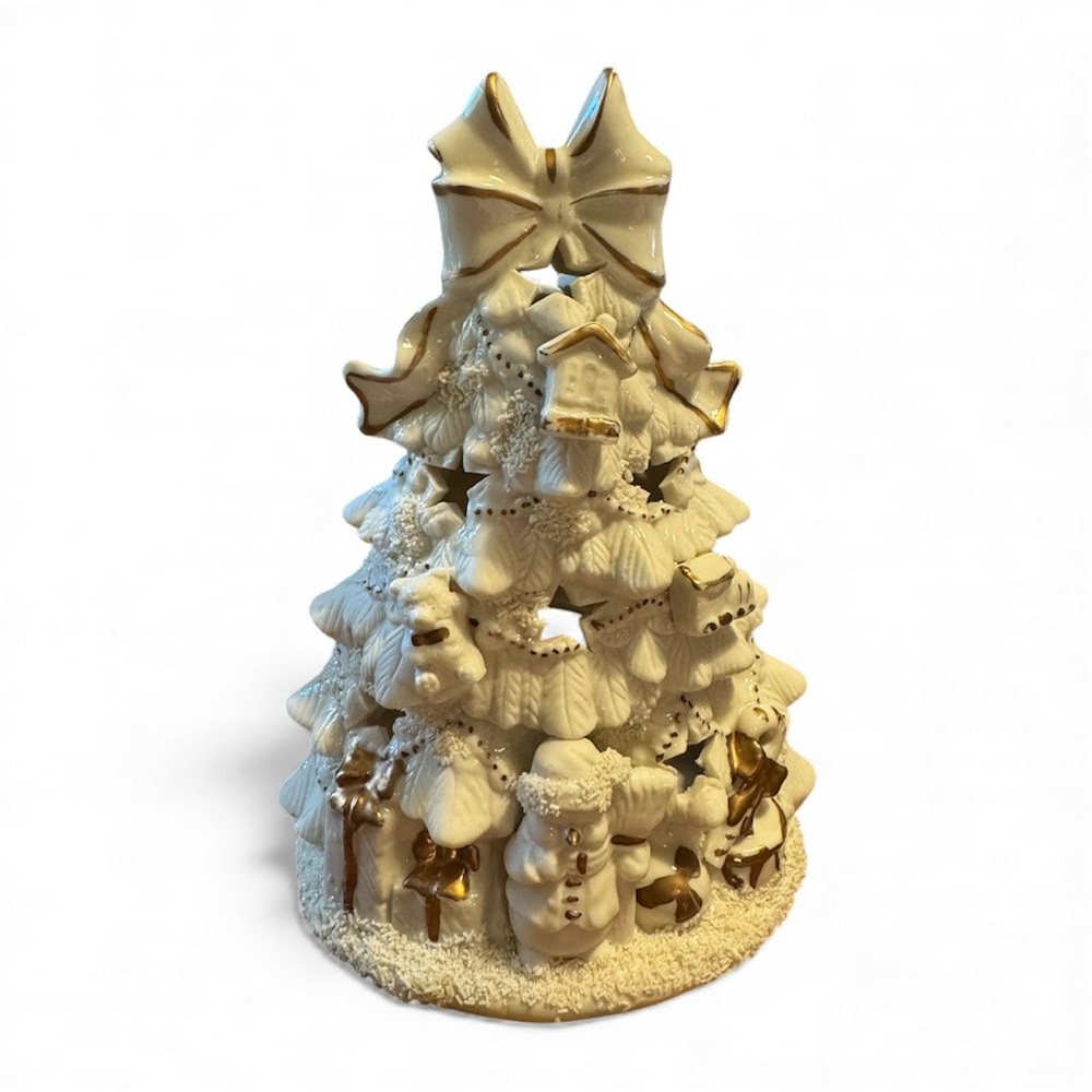 Vintage Ceramic Christmas Tree Tealight Holder w/Gold Accents & Bow Top